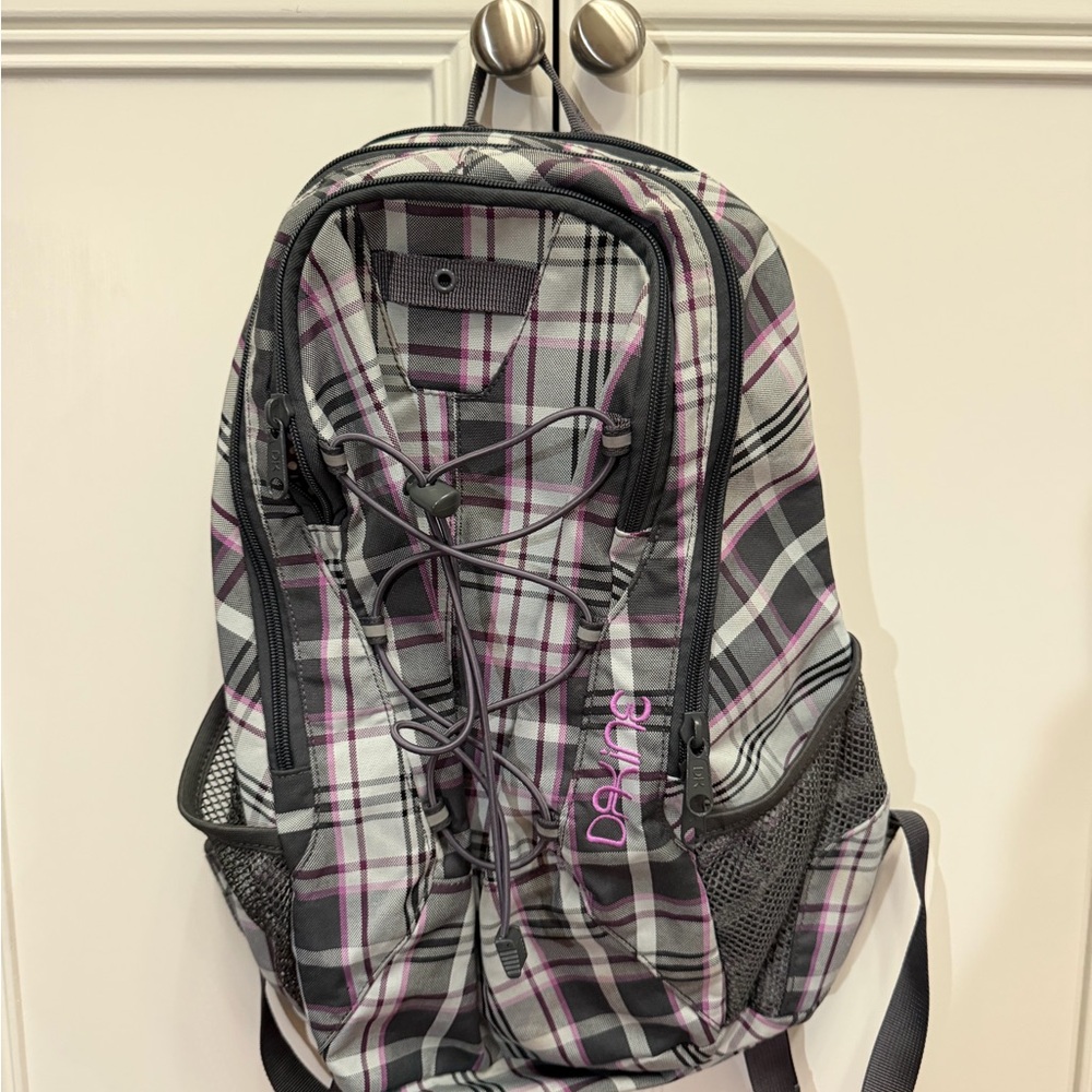 Dakine Gray and Purple Plaid Backpack with Bungee Storage
